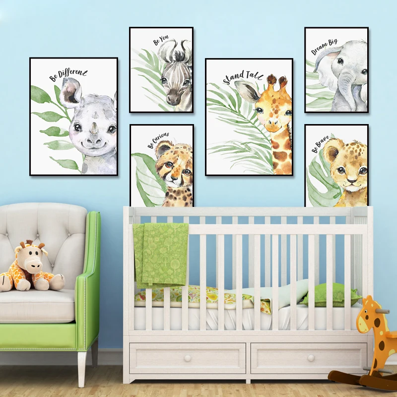 Elephant Lion Zebra Giraffe Leaf Plant Nordic Poster Print Decorative Wall Art Canvas Painting Nursery Kids Room Picture Bedroom