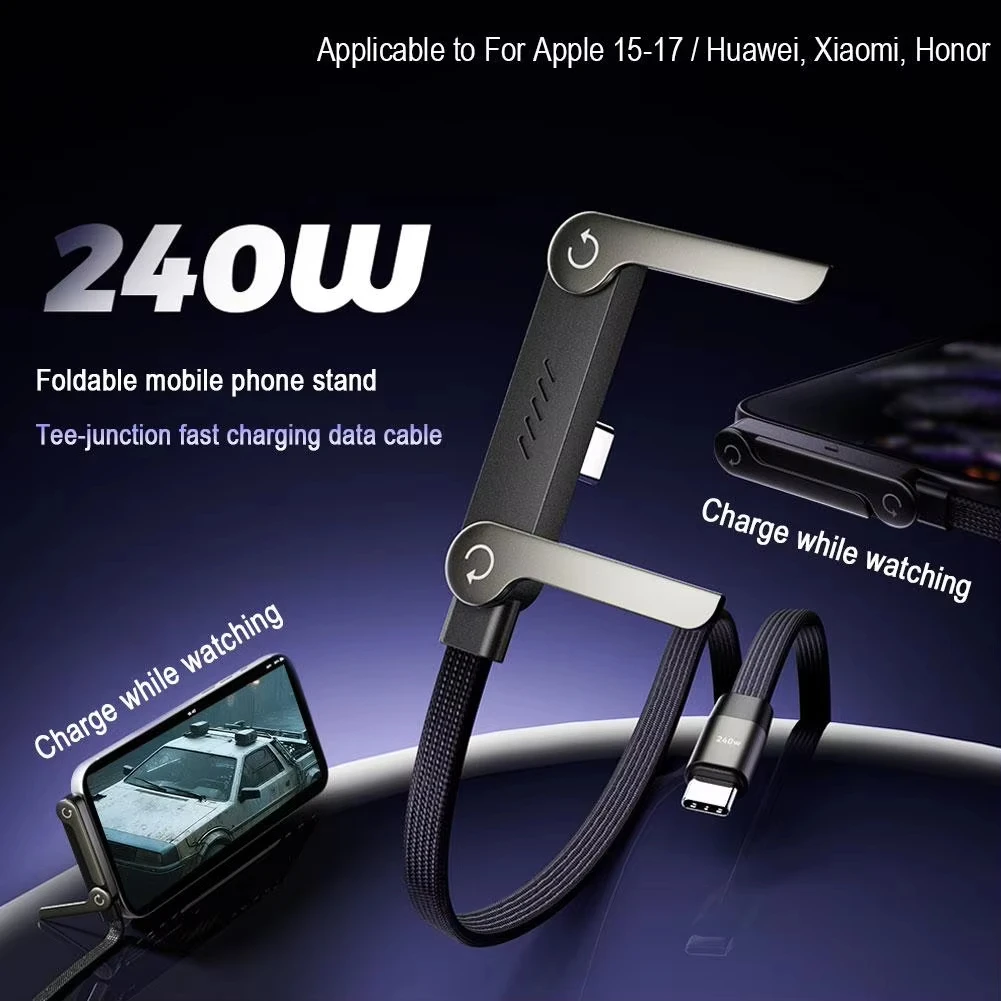 240W Stand Charging Cable 2-in-1 with Phone Holder for Gaming Videos Compatible for iPhone 15 16 17 Pro Max Huawei Xiaomi
