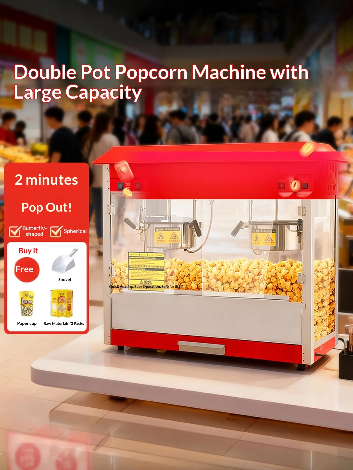 Double Pot Popcorn Maker Commercial Large Capacity 2 Min Fast Pop Non Stick Teflon Coated Magnetic Door Heat Resistant Easy Cln
