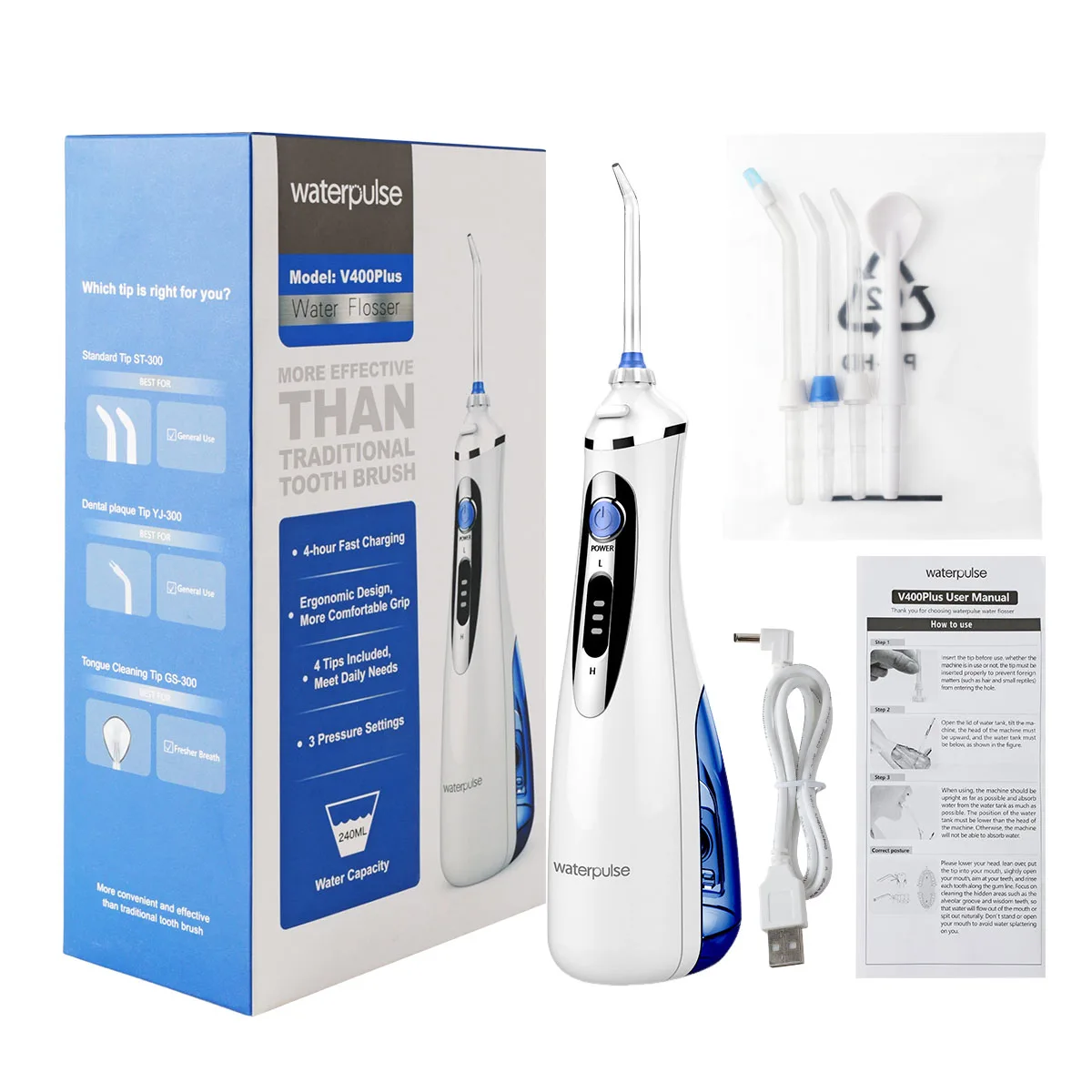 Waterpulse Oral Irrigator, Dental Floss Irrigator, Tooth Cleaner 240ML, 3-Speed Adjustable, 2000mAh, 4 Replacement Nozzles