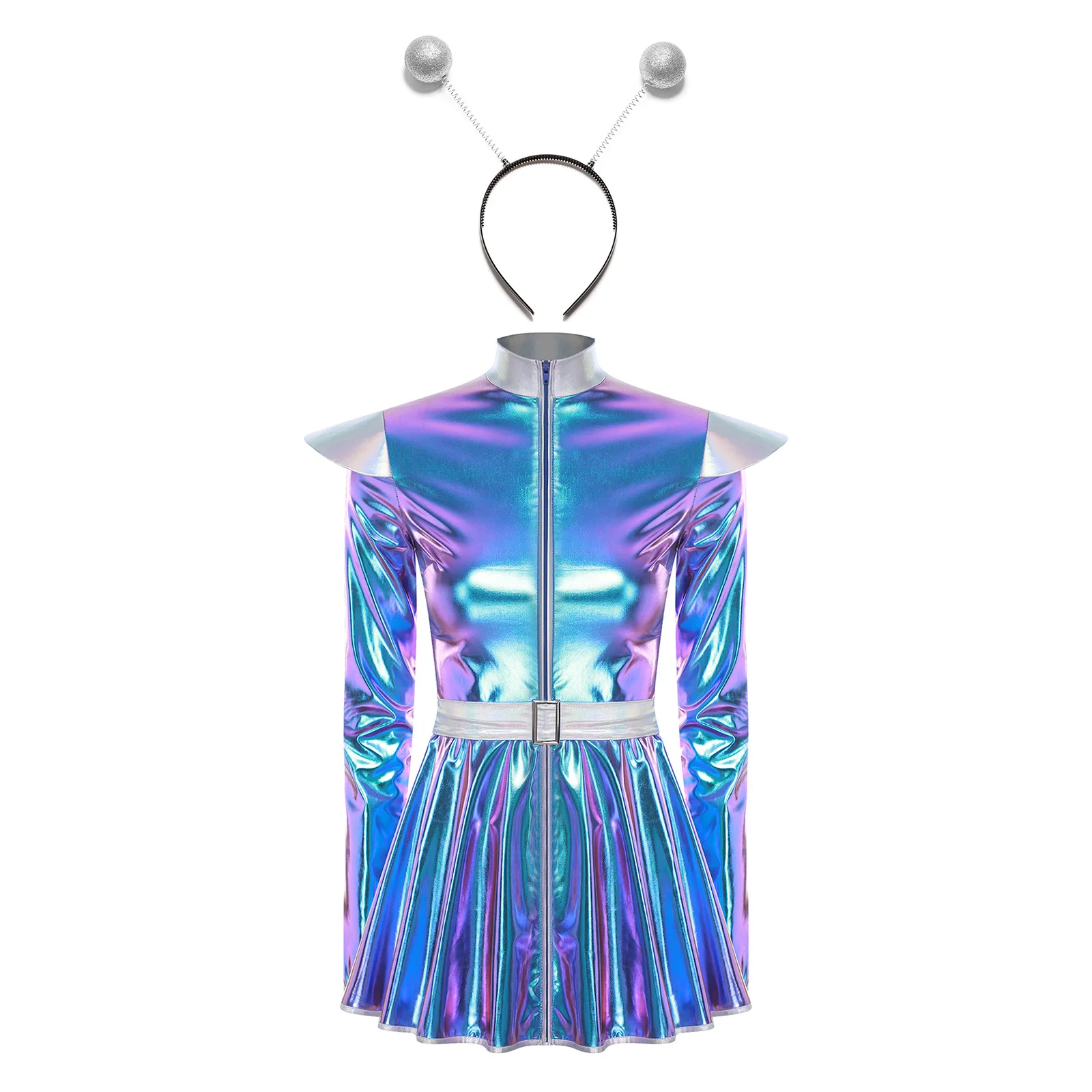 Women Carnival Alien Astronaut Themed Party Cosplay Dress with Hair Hoop Long Sleeve Holographic A-line Mini Dress for Halloween
