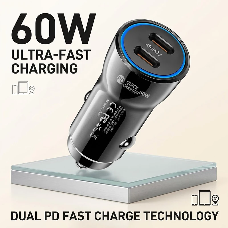 60W Dual USB C Car Charger Mini Flush Fit Adapter with Blue LED Ring, 30W PD Fast Charging For iPhone 17 16 15 Pro Max For iPad