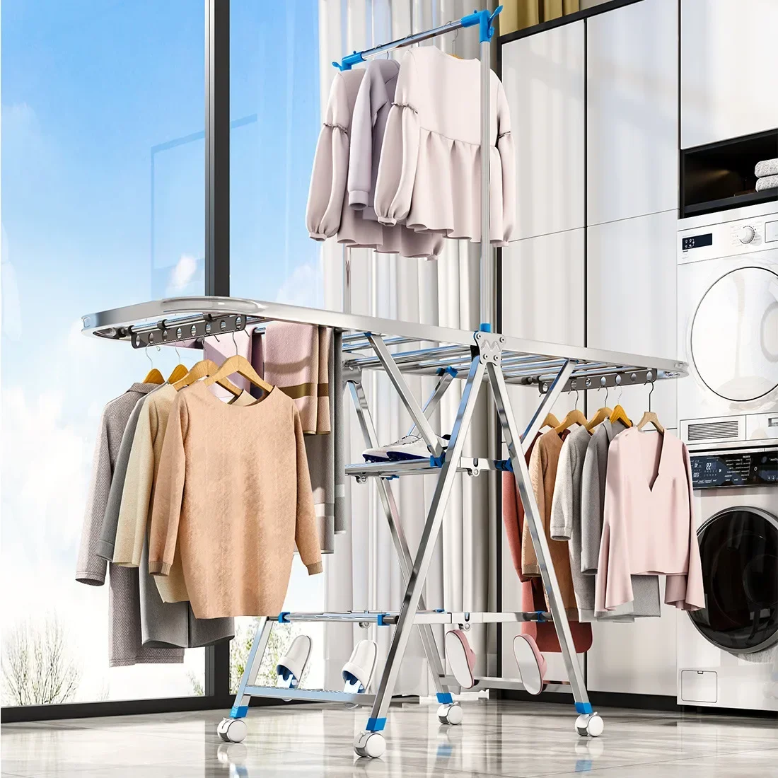 Stainless steel drying clothes rack foldable floor in bedroom balcony wing clothes rack household baby movable drying quilt rack