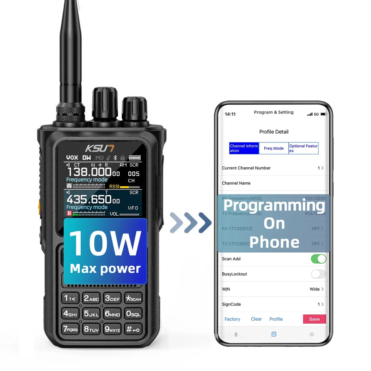 KSUN UV110D VHF UHF Dual Band HAM Radio Transceiver 10W SOS Flashlight Two Way Radio 0-9 Squelch Blue-tooth Walkie Talkie
