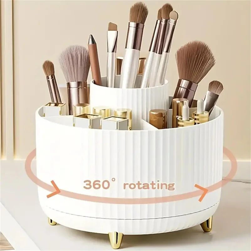 360° Rotating Makeup Organizer - 5 Compartments Plastic Cosmetic Storage Box, Multi-Functional Vanity Tray for Makeup Brushes, S