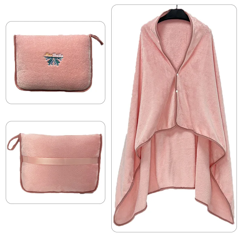 Flannel Shawl Blanket Multifunctional Travel Blanket Pillow Dual-use Nap Blanket Embroidered Foldable Warm Cloak Bath Towel