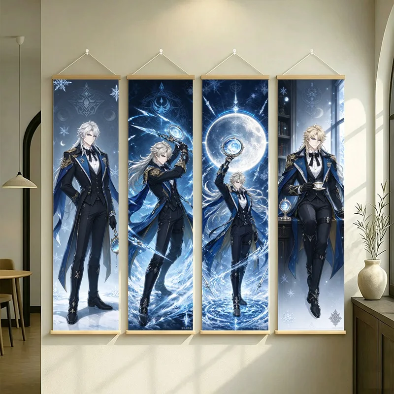 Hanging Scroll Wall Art of Genshin Impact Varka with Blue Moon Motifs on Silver Shimmer Canvas for an Anime Bedroom