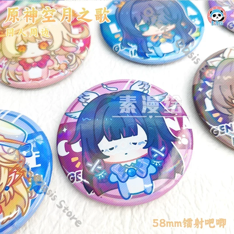 Genshin Impact Laser Bottle Opener 58mm  Badge Pins Columbina Damselette Skirk Aino Jahoda Nefer Varka Durin Flins Emblem