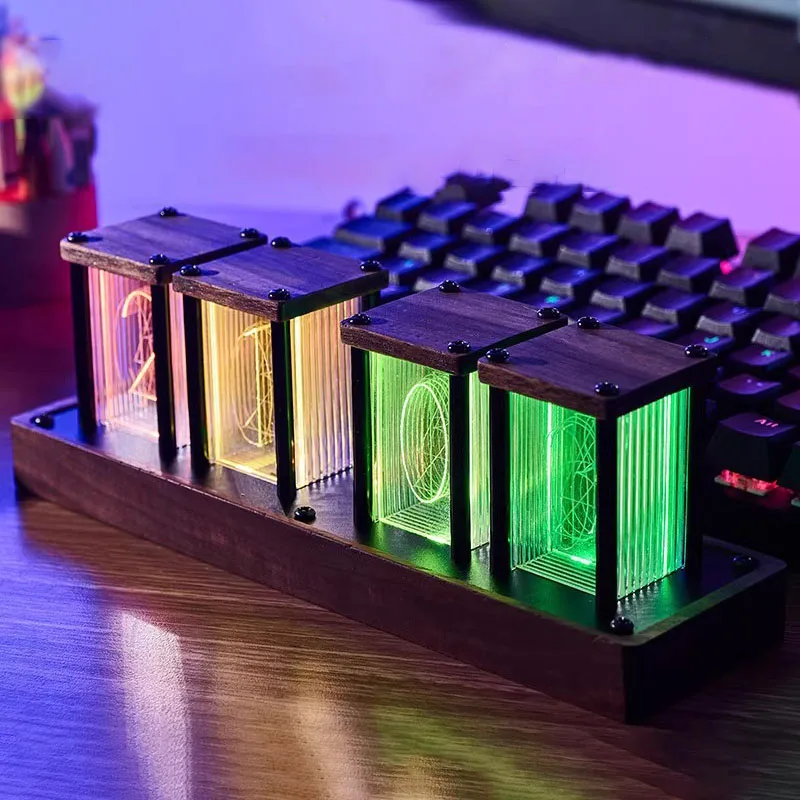 Walnut RGB Glow Clock LED Lamp Simulated Glow Tube Clocks DIY LED Digital Alarm Clock Timer Esports Desktop Decoration Gift