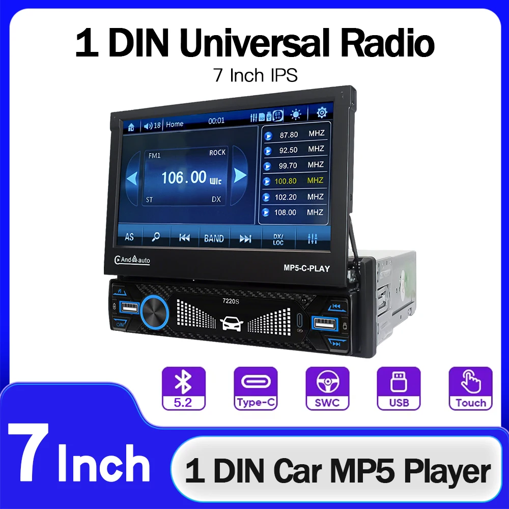 7 inch Retractable Screen 1 Din Car Stereo Radio Wireless Carplay Android Auto MP5 Multimedia Player Bluetooth Mirrorlink