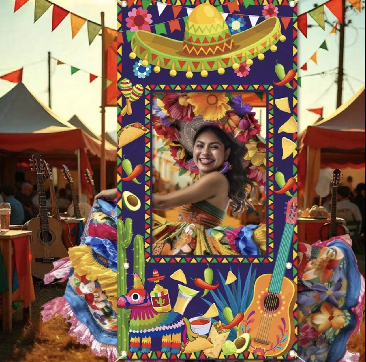 Mexico May 5th Festival Celebration Hollow Photo Booth Frame Party Decoration Photo Prop Backdrop with Mexican Style Decor Gif
