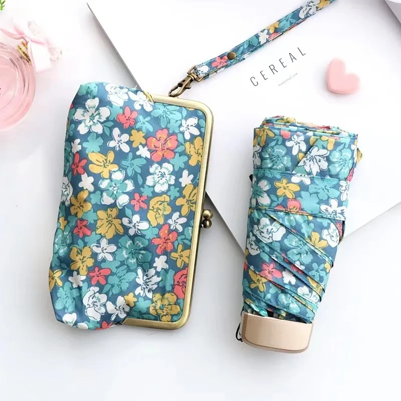 NEW 5-Folding Capsule Umbrella UV Shade Vinyl Umbrella Summer Women Floral Pocket Sun Umbrella Mini Sun Umbrella w/Storage Bag