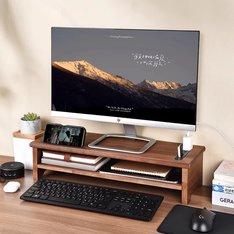 Solid Wood Monitor Stand with USB Multi-Functional Desk Organizer for Laptop & Office Space-Saving Home Office for Workstations