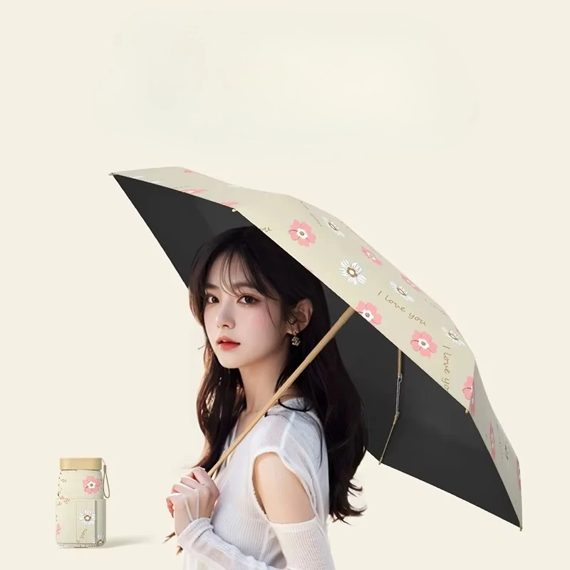 Mini 12CM Card Flat 7 Folding Parasol, Compact & Lightweight, Vinyl Sun UV UPF50+ Protection, Small Pocket Umbrella for Women