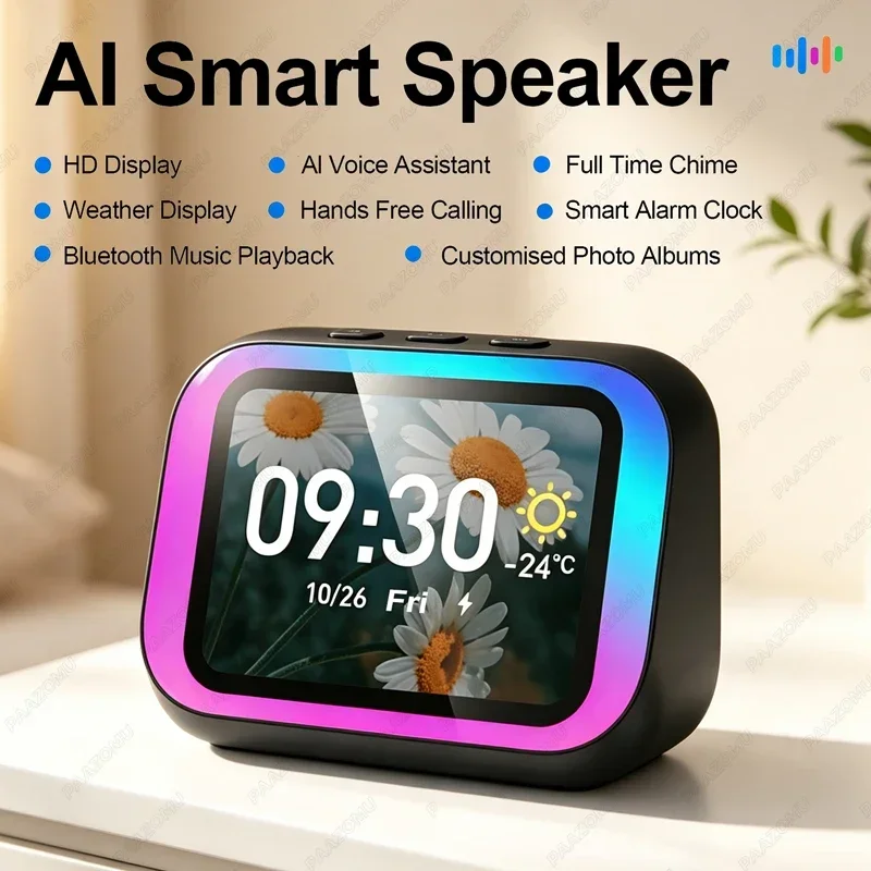 AI Smart Speaker with Bluetooth Call Voice Assistant Alarm Clock Weather Display Night Light Music Story Player For Perfect Gift