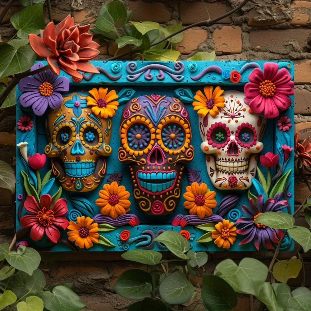 Day of the Dead Skeleton Wall Art: 8x12 Inch Aluminum Metal Sign - Colorful Mexican Decor for Bedroom, Living Room, or Garden