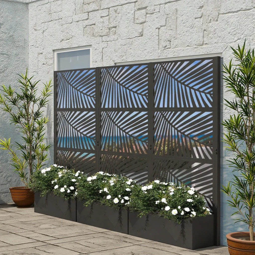 Custom Design Large Metal Garden Planter with Bamboo Design Privacy Screens,CNC Cut Pattern