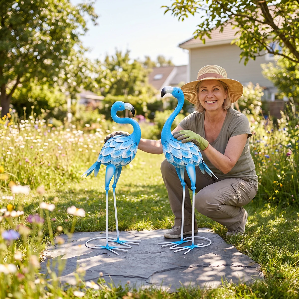 GEEYANG Large Metal Flamingo Garden Statue Sculpture for Indoor Outdoor Yard Patio Lawn Decor Perfect Mother's Day Wedding Gift