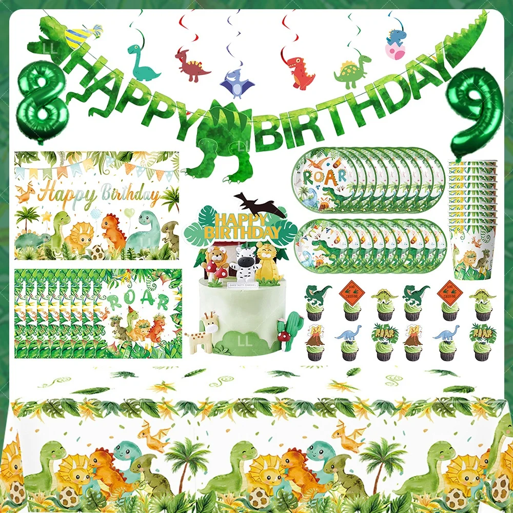 Dinosaur Jungle Birthday Party Supplies Backdrop Cake Socket Balloon Cups Plates Decoration Children Room Photo Props Kids Gift