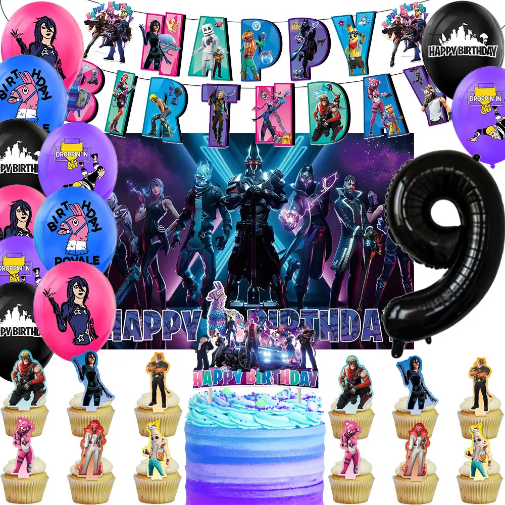 Cartoon Fortnite Birthday Party Decoration Background Alpaca Llama Balloons Cup cake Topper Backdrop Photography Props Kid Gifts