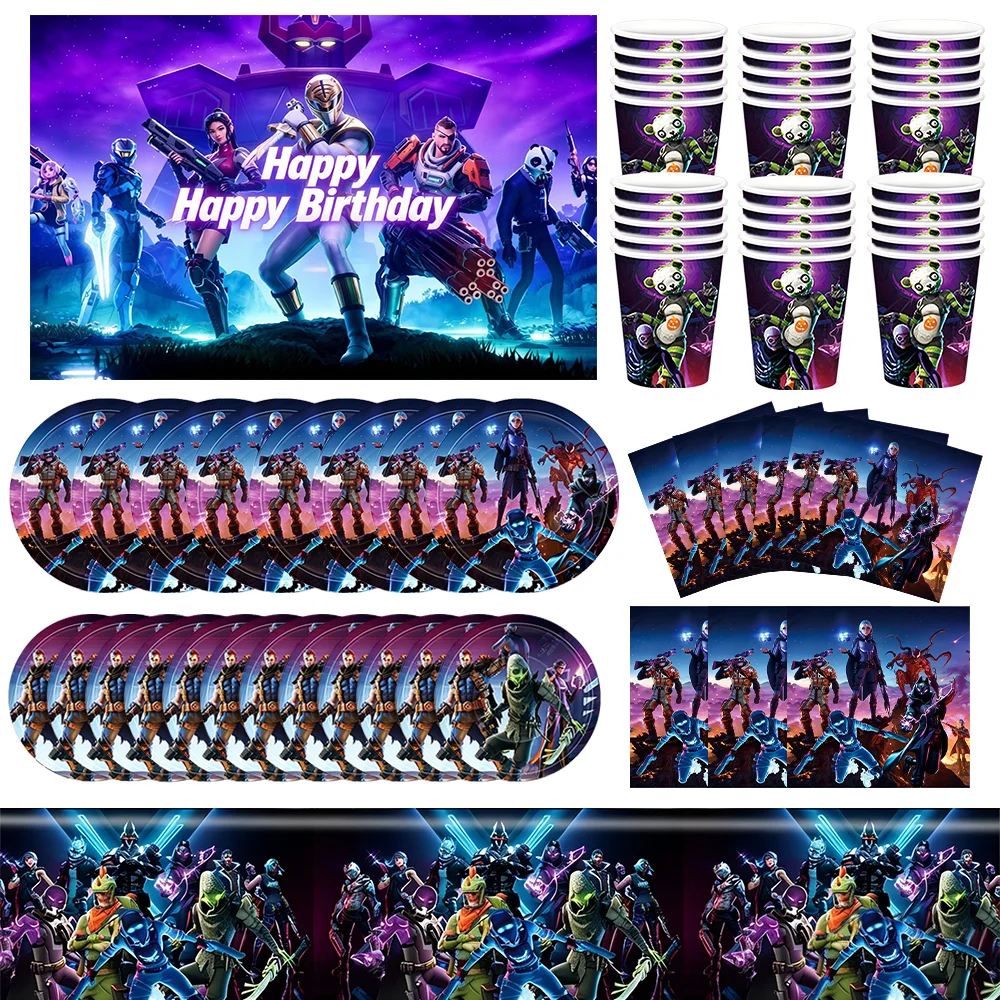 Cartoon Shooting Game Fortnite Theme Birthday Party Decoration Backdrop Tableware Cup Plate Tablecloth Boy Favors Gifts Supplies