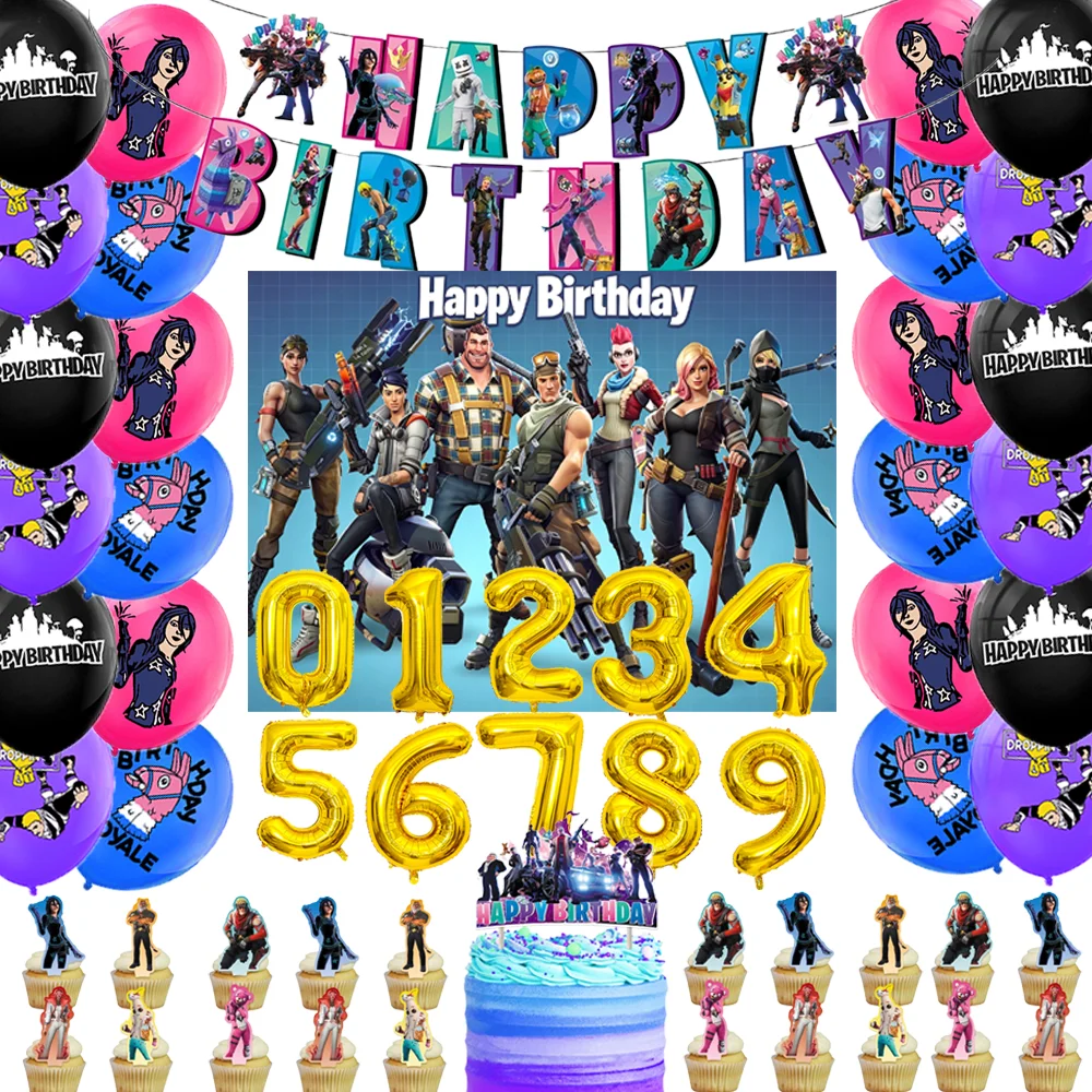 Fortnite Shooting Game Theme Birthday Party Decorations Balloon Cupcake Toppers Background Baby Shower Kids Favors Supplies Gift