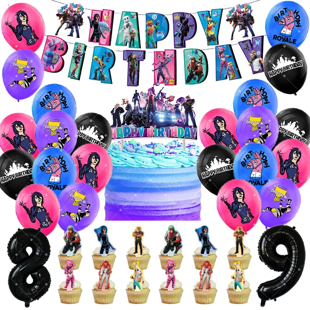 Fortnite Birthday Party Supplies Shooting Game Character Cup Cake Topper Decor Balloons Photography Background Props Kid Gifts