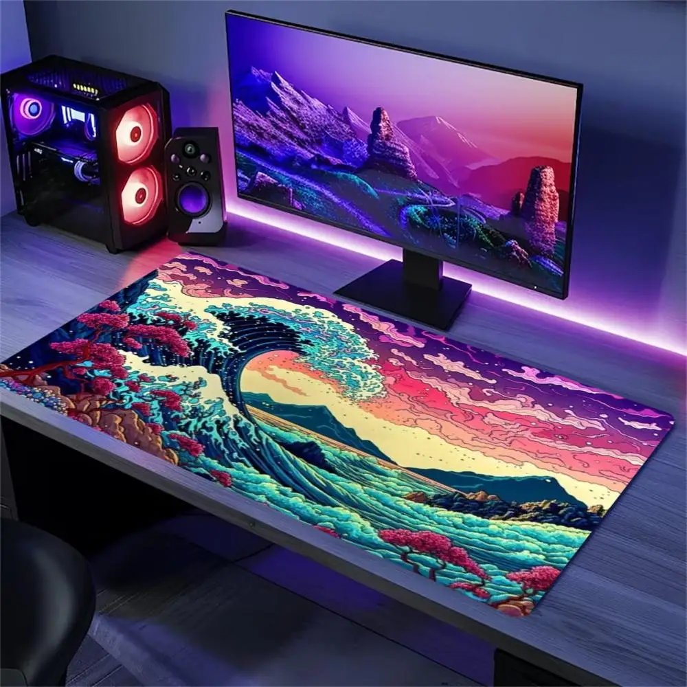 Retro Kanagawa Great Wave Large Extended Gaming Mouse Pad Non Slip Desk Surface Ocean Print For Gaming And Office Workspace