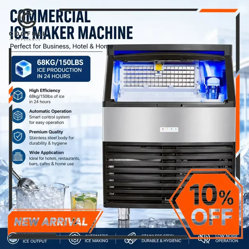 Commercial Ice Maker Machine 68kg 24H Automatic Cube Ice Maker Stainless Steel for Business Hotel Home Bar Restaurant