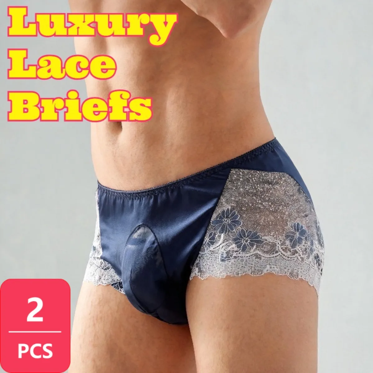 2pcs Luxury Satin Ice Silk Mens Lace Briefs Low Rise Floral Lace Side Breathable Soft Comfortable Ultra Thin Quick Dry Binding