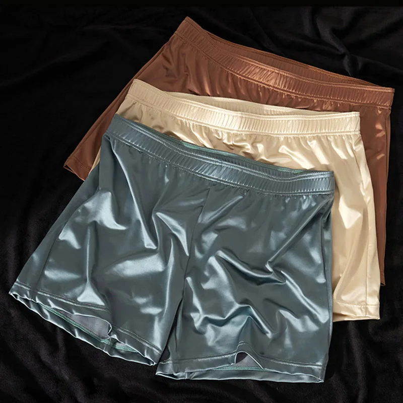 3pcs Summer Satin Men's Boxer Shorts Ice Silk Underwear Solid Color Underpants Male Breathable Home Wear Pajama Pants