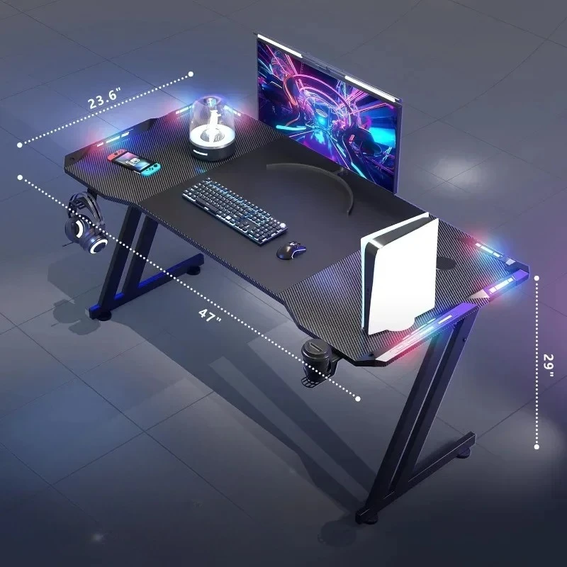 #l LED Lights Carbon Fibre Surface Gaming Table Large Computer Desk Ergonomic Q