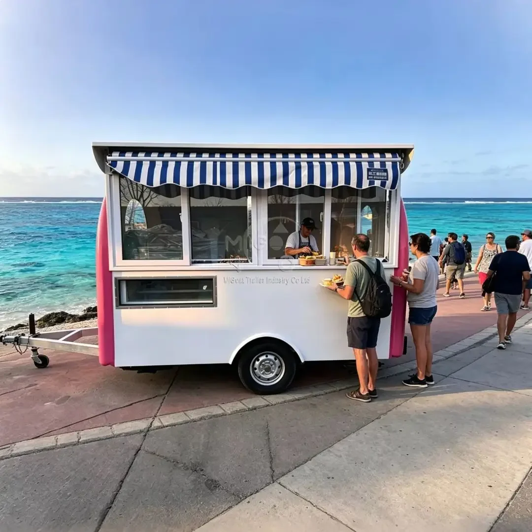 Multi-Panel Service Window Mini Concession Trailer with Built-in Undercounter Refrigerator Wrap Ready for Custom Logo Printing