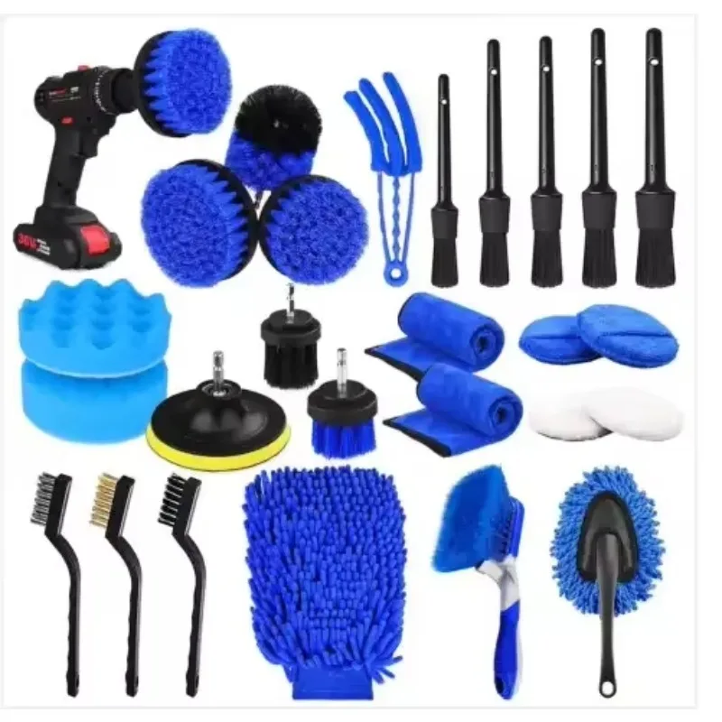 26 Pcs Car Detailing Brush Set Auto Drill Clean Brushes Buffing Sponge Pads Cleaning Tools for Interior Exterior Washing