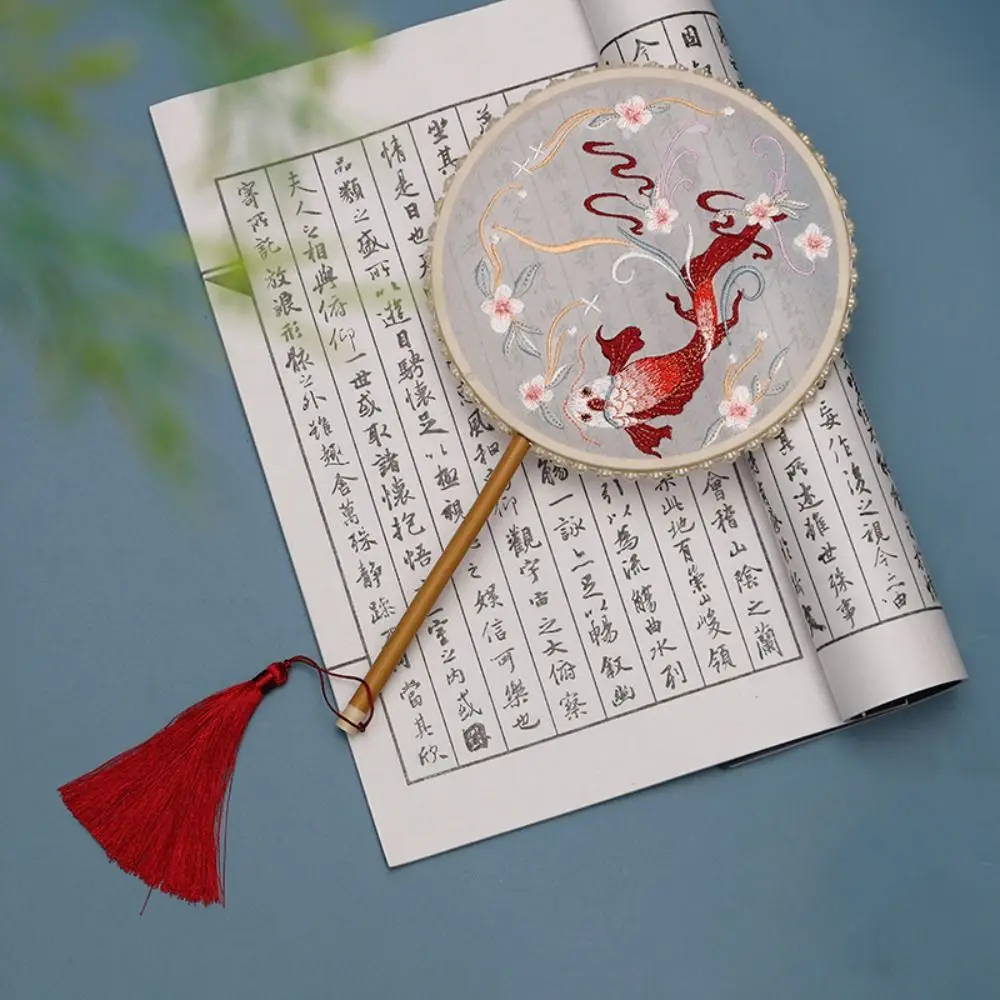 Chinese Style Classical Round Fan Embroidered Vintage Silk Fan With Tassel Semi-transparent Hand Fan Wedding