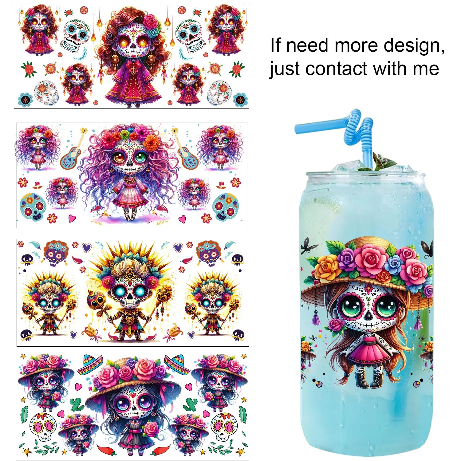 Mexican Day of the Dead easy peel waterproof DIY Decals 3D transfers uvdtf tumbler stickers 16oz uv dtf cup wraps