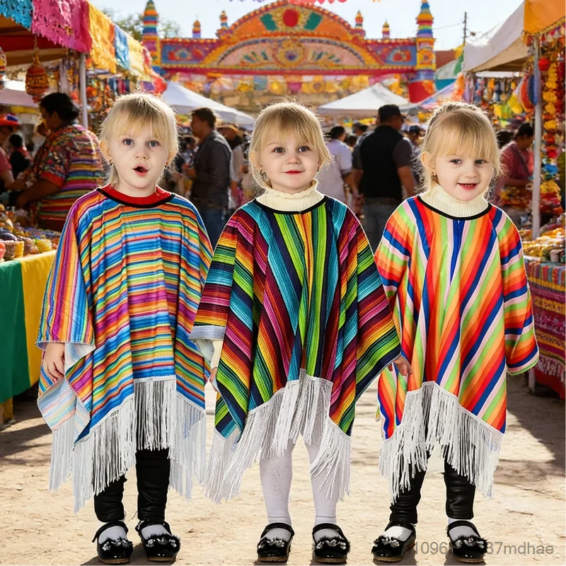 Enfant Mexican Ethnic Style Cosplay Clothes Junge Mädchen Festival Party Colorful Striped Tassel Cape Stage Performance Cloak