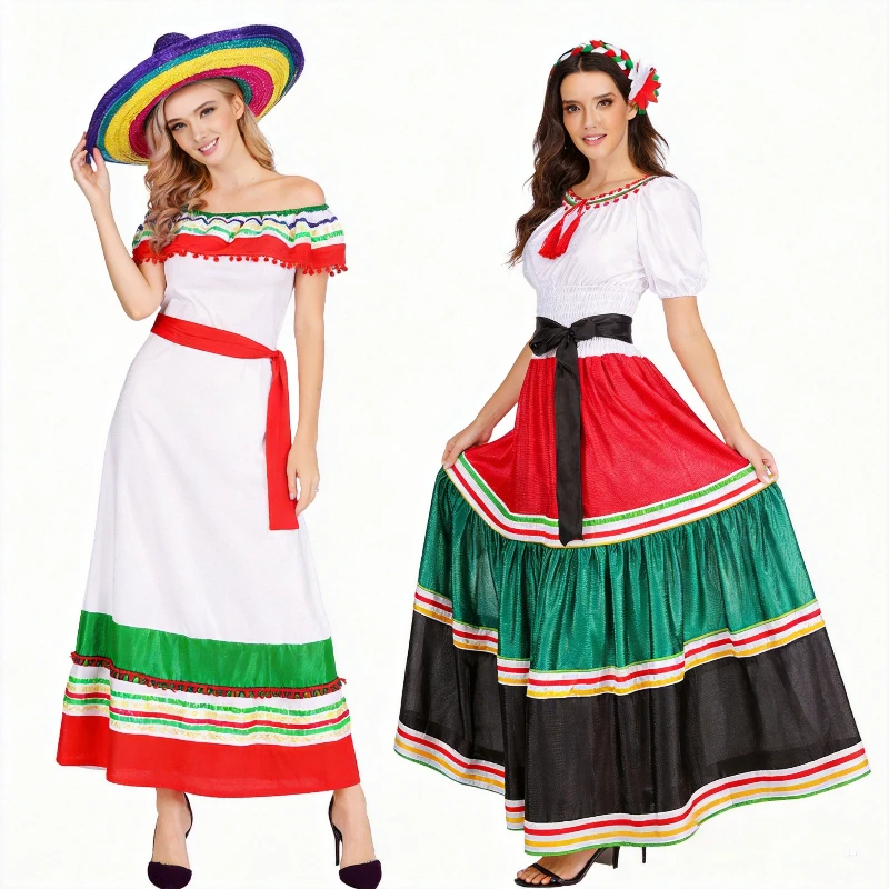 Women Traditional Mexican Dress Lace Flower Senorita Costume Festival Party Spanish Dress With Hat Carnival Party Family Dance