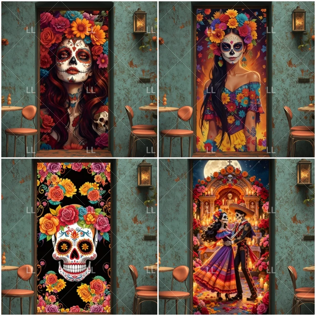 Mexican Day Of The Dead Carnival Door Cover Backdrop Horror Halloween Party Decoration Banner Skull Photography Background Props