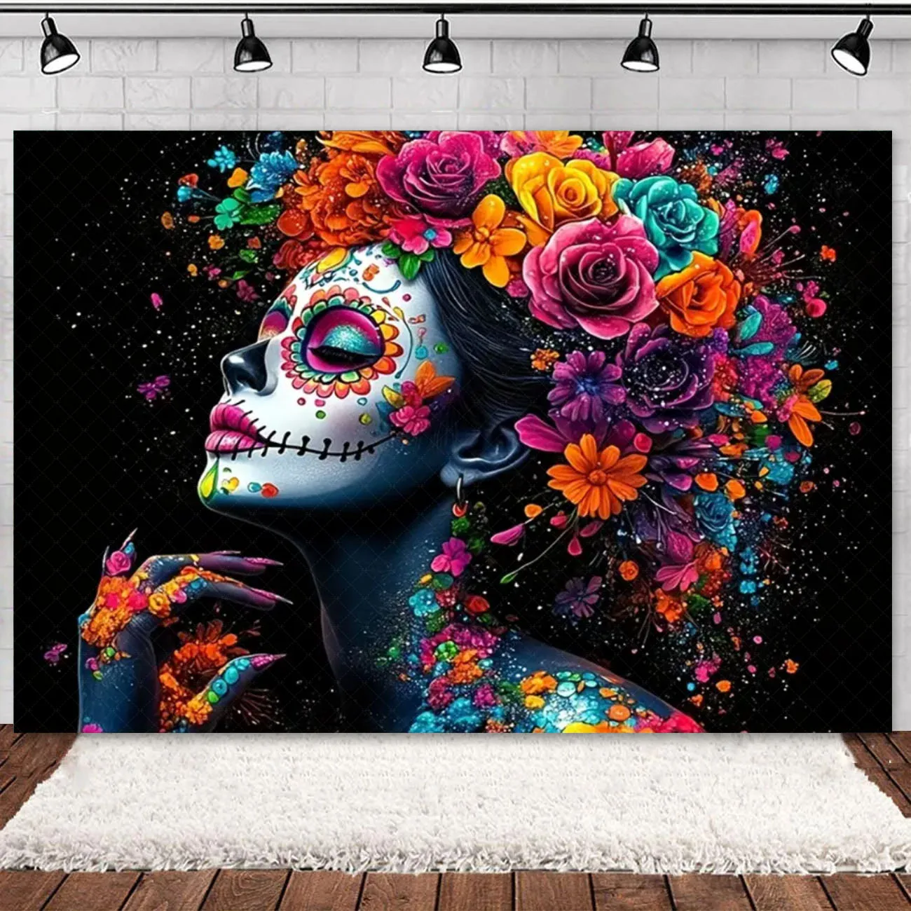 Mexican Festival Day of the Dead Colorful Backdrop Party Decorations Skeleton And Flower Wall Decor Background Photo Booth Prop