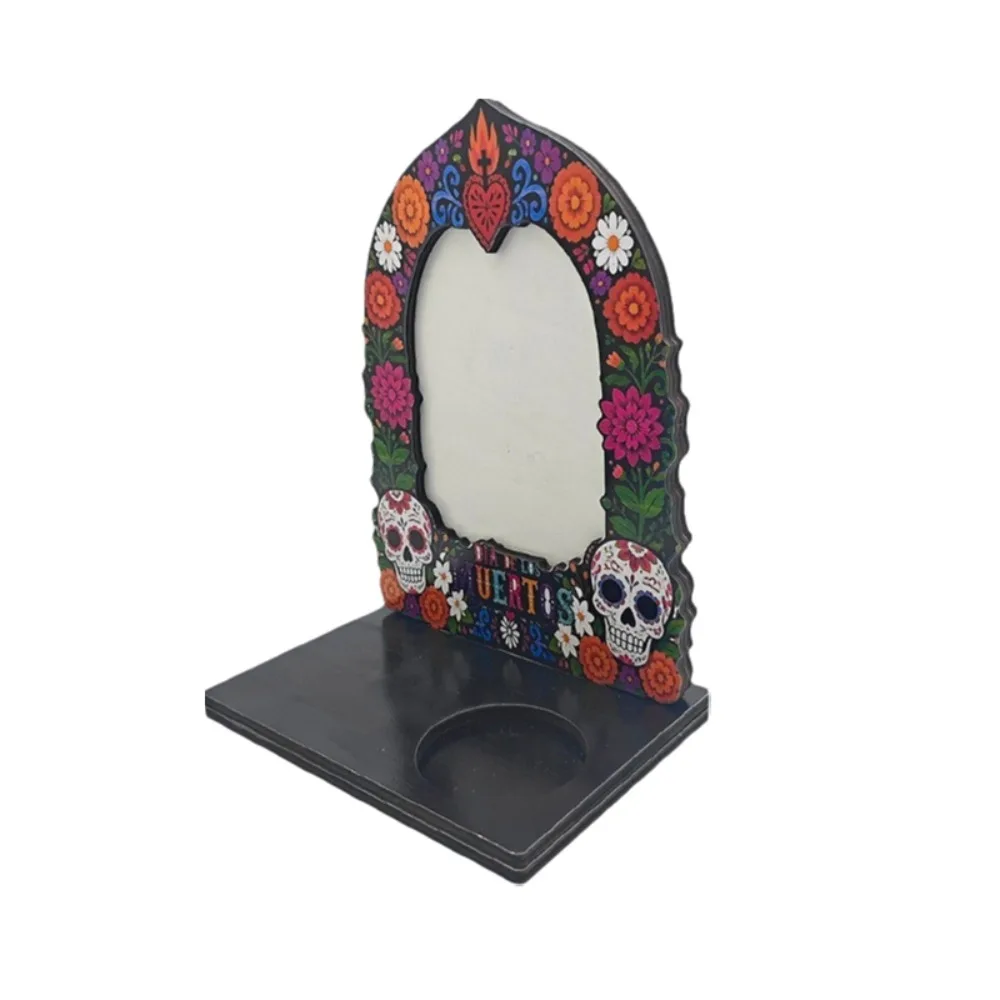 Wooden Day of The Dead Photo Frame Mexican Style Skull Marigold Pattern Desktop Photo Display Rack with Candle Holder