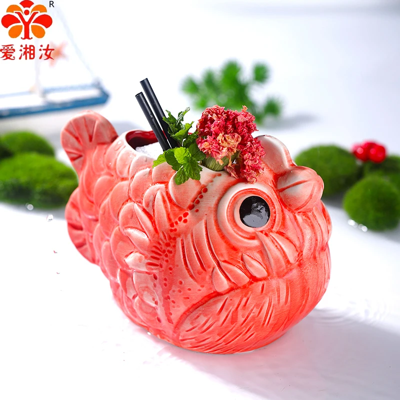 Cute Lantern Fish Cocktail Glass Wine Glasses Red Piranha Beer Glass Bar Accessories Creative Tiki Ceramic Cup 710ml