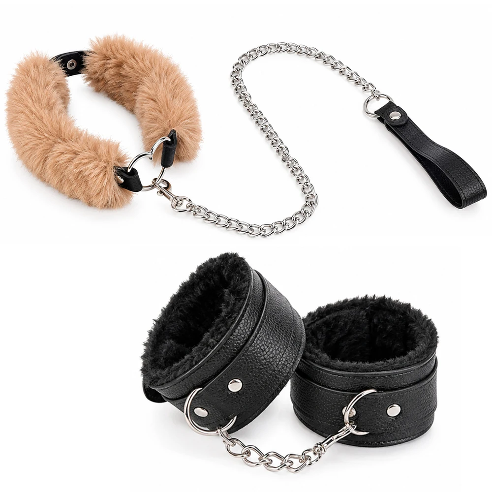 BDSM Handcuffs Plush Bondage Gear Soft Restraints Plush Choker Detachable Chain Clasp SM Adult Game Erotic Toy Women Men Couples