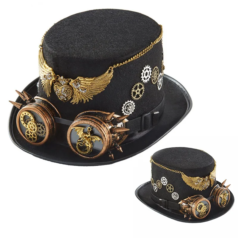 New 2026 Vintage Gothic Steampunk Top Hat With Gear Wing Goggle Decor Halloween Hat  Men Women Cosplay Costume Accessory Caps