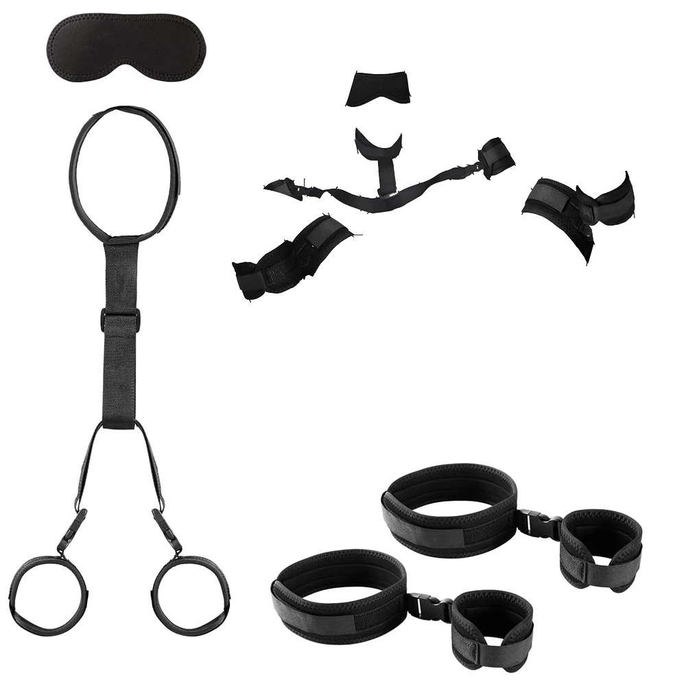 Adult Eye Blinder Neck Collar Handcuffs Leg Restraint Cuff Sex Toy Set Couple BDSM Restraint Bondage Gear Open Leg Erotic Game