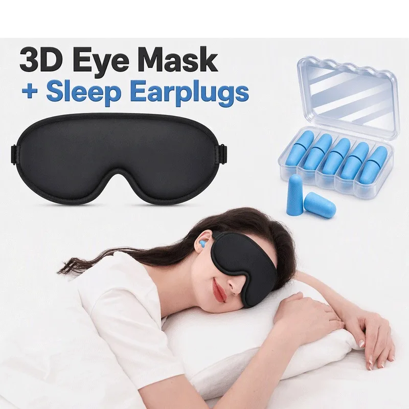 3D Contoured Memory Foam Sleep Mask Set, Light Blocking Eye Cover with 5 Pairs Noise Reduction Foam Earplugs