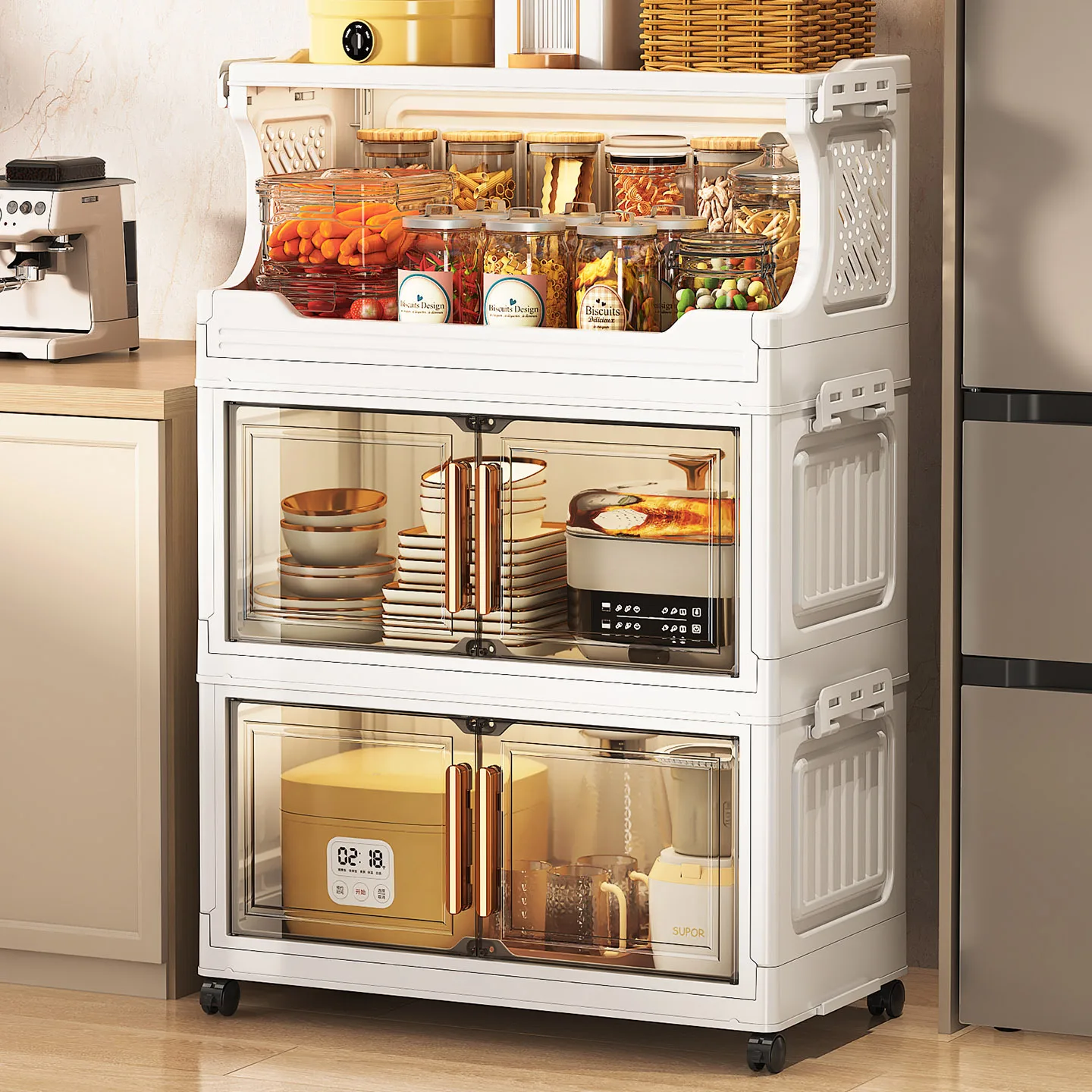 Multifunctional Adjustable Removable Eco-Friendly Kitchen Storage Cart 3-Tier Rolling Cabinet Wheels Transparent Door Metal