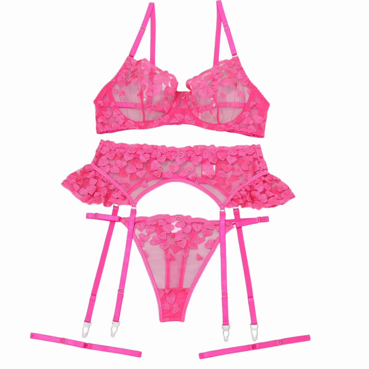 Romantic Women's Lingerie Sets Premium Floral Embroidered Bra Belt Thong 3PC Underwear Set Elegant Girls' Intimates