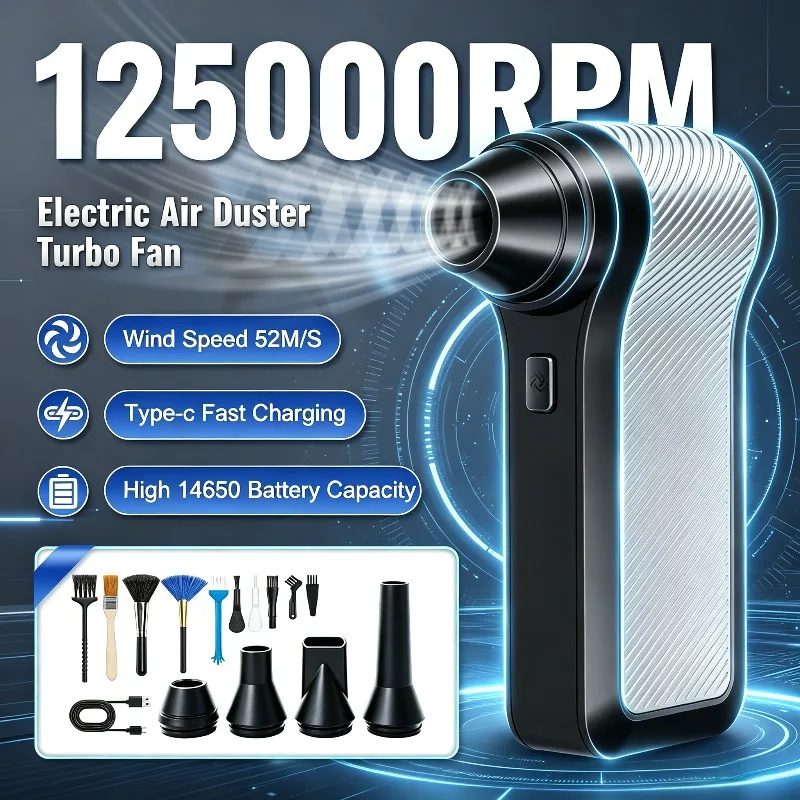 125000RPM Cordless Compressed Air Duster, 3‑Speed Adjustable Turbo Blower  Portable Handheld Air Blower for PC, Camping Cleaning