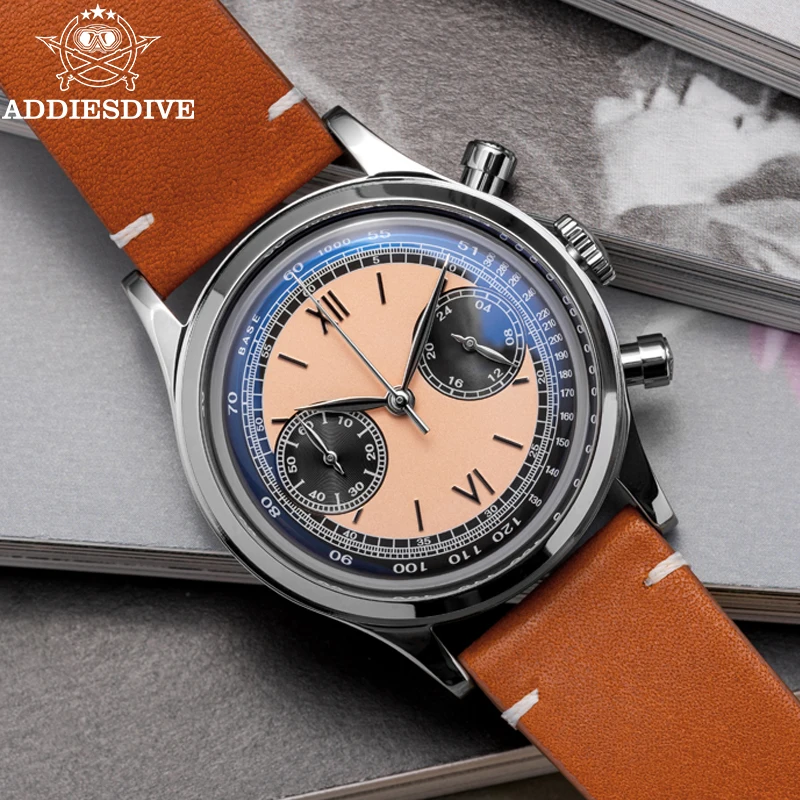 ADDIESDIVE VK64 Multifunctional Chronograph Watch 10Bar Waterproof Mens Leather Watch Quartz Watches Reloj Hombre AD2037